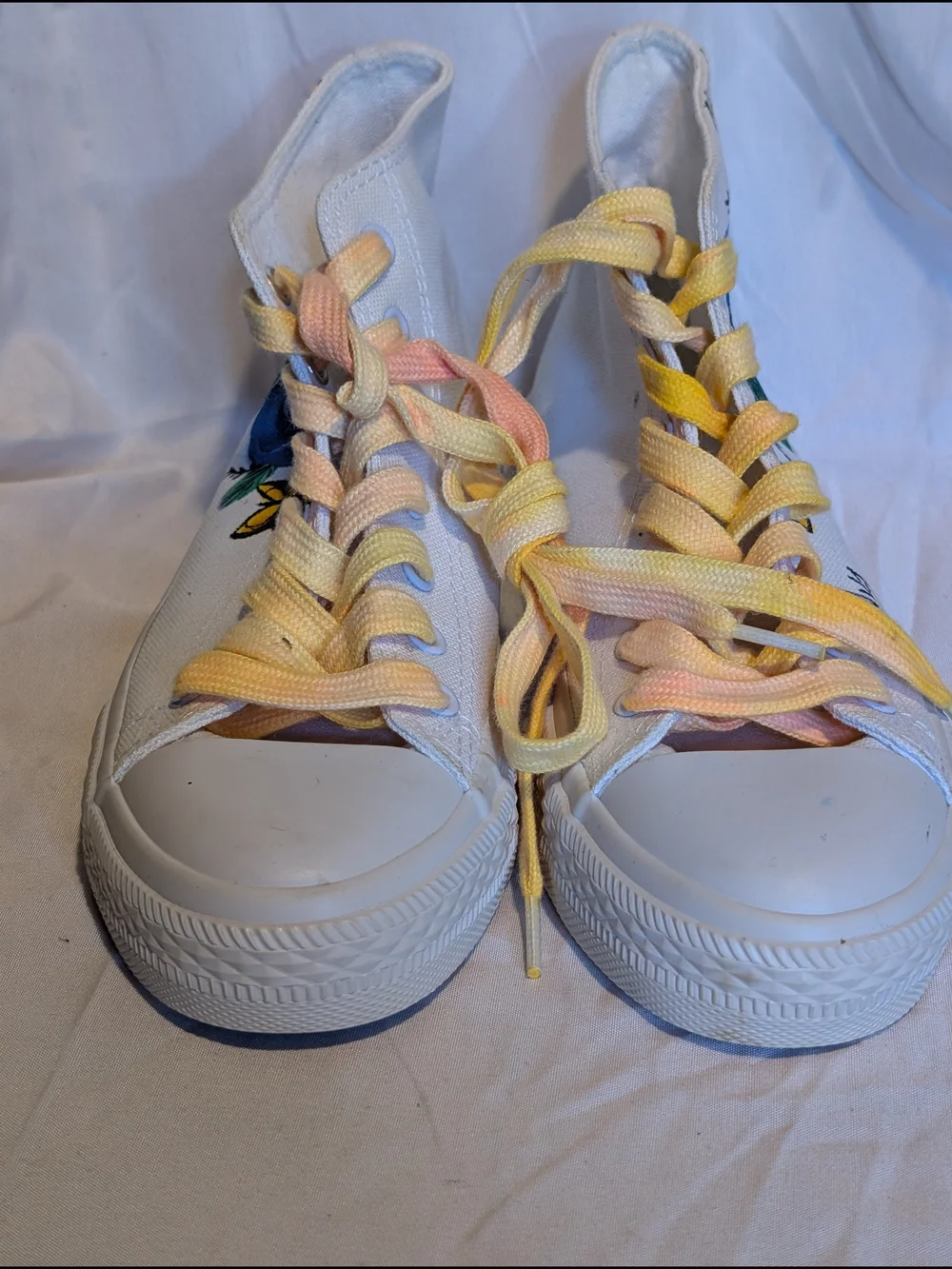 Hand Painted White Koko Art High-Tops with Blue Roses & Yellow Butterflies